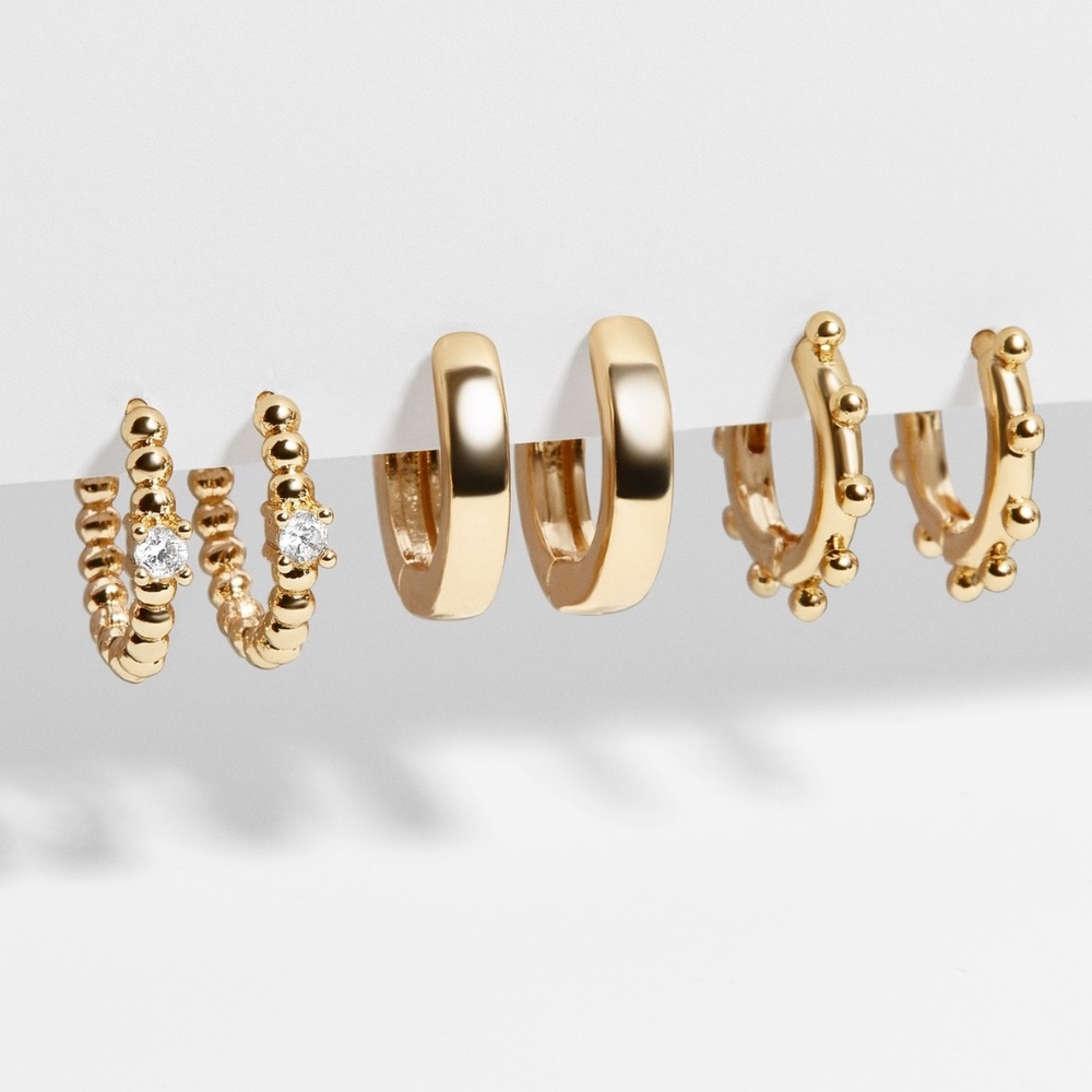 NEW BaubleBar Delicate Trio Huggie Set of 3 Pairs Gold Earrings